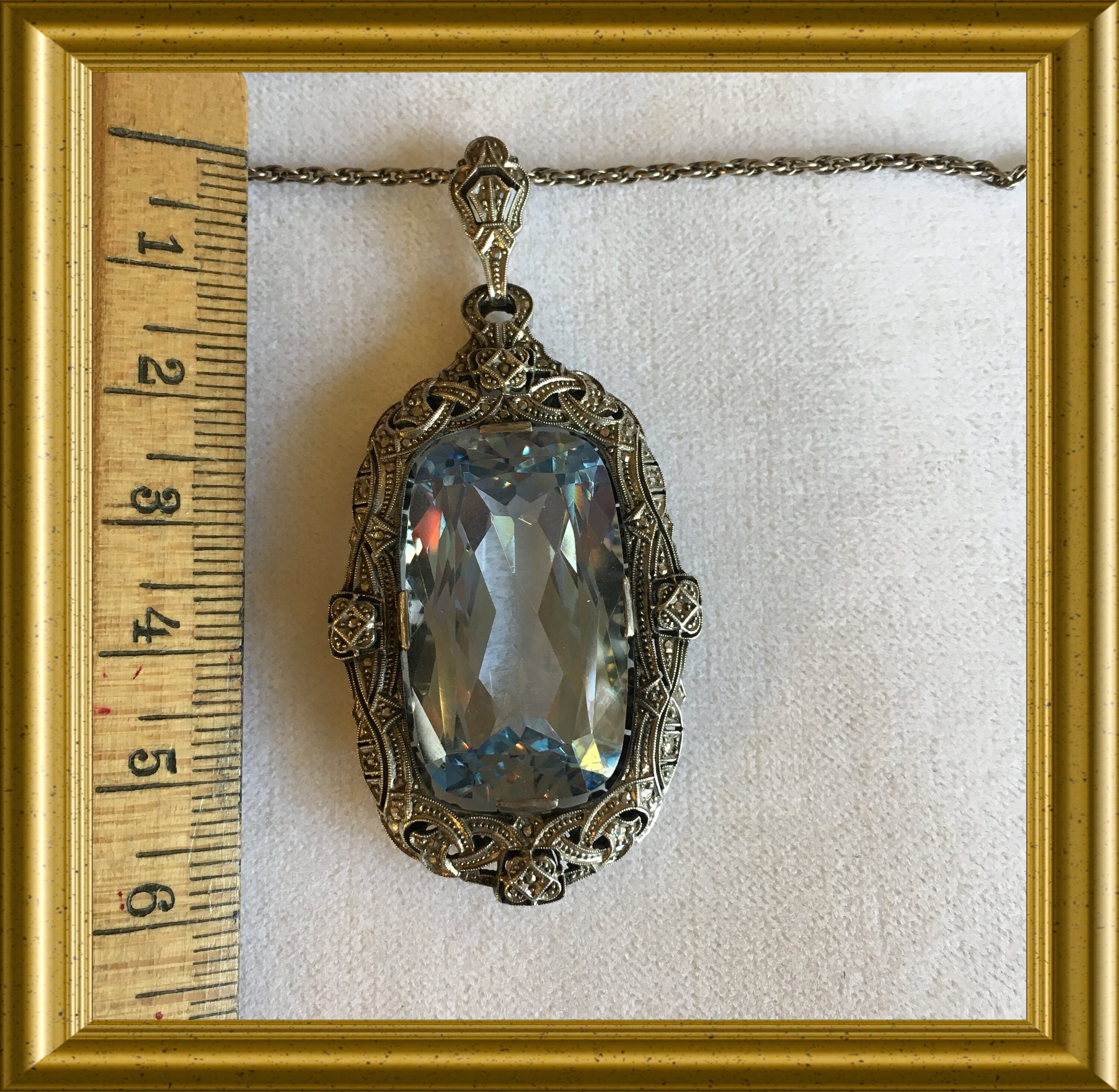 Large art deco silver pendant, necklace: blue stone (topaz?), marcasite