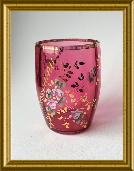 Vintage pink glass with enamel painted flower decoration: remembrance of your holy communion
