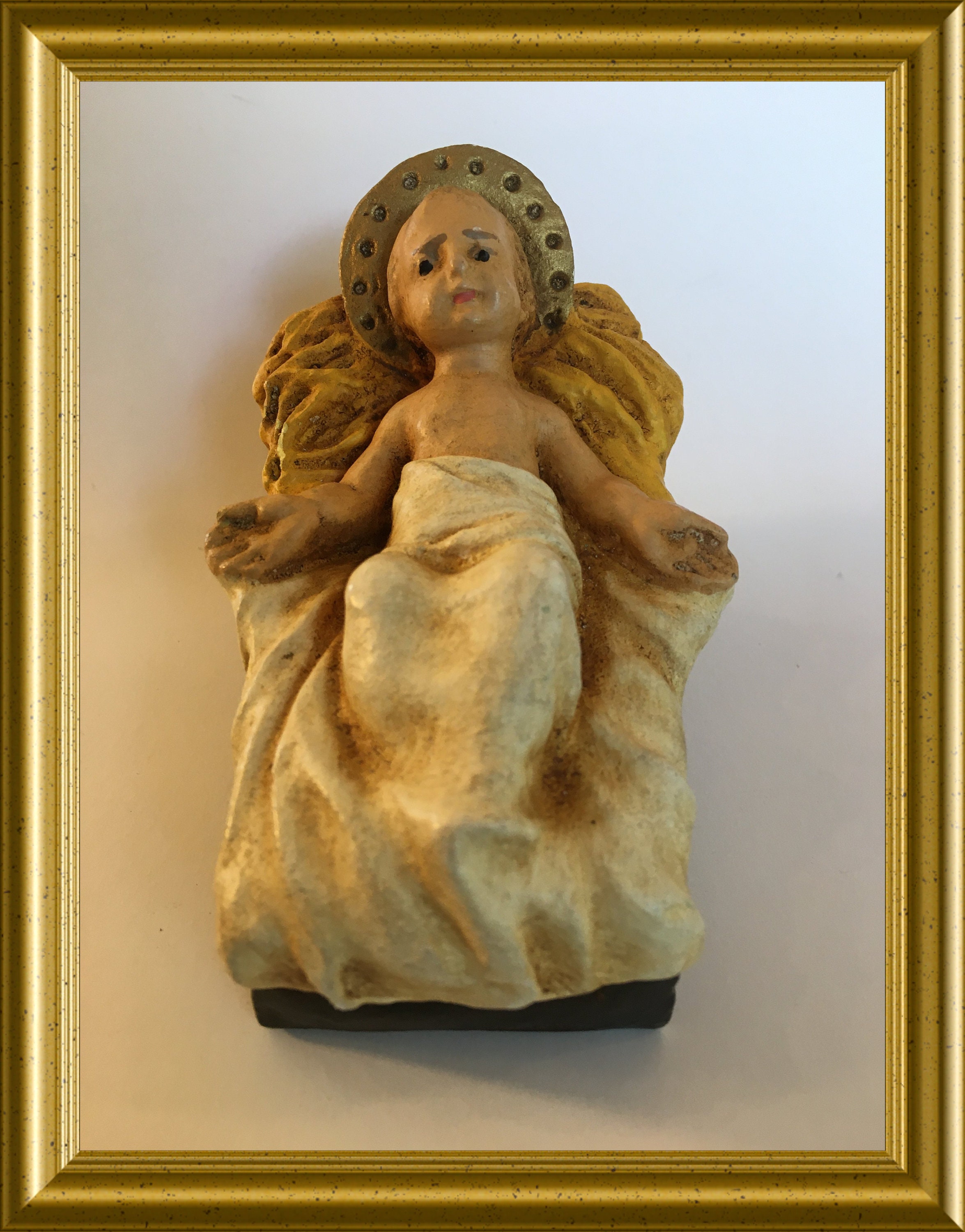 Vintage plaster figurine baby Jesus, infant Jesus, crib, manger