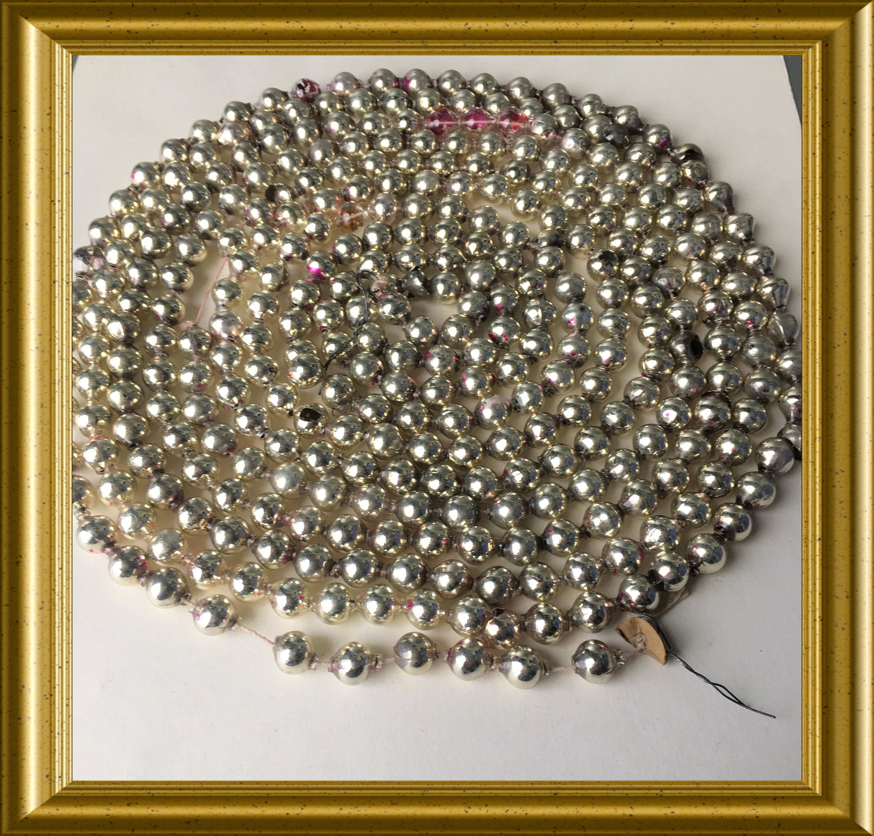 Antique long silver beaded glass christmas tree garland, 350 cm.