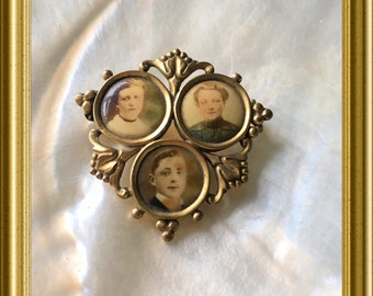 Antique brooch pin with 3 pictures, mourning jewelry, remembrance