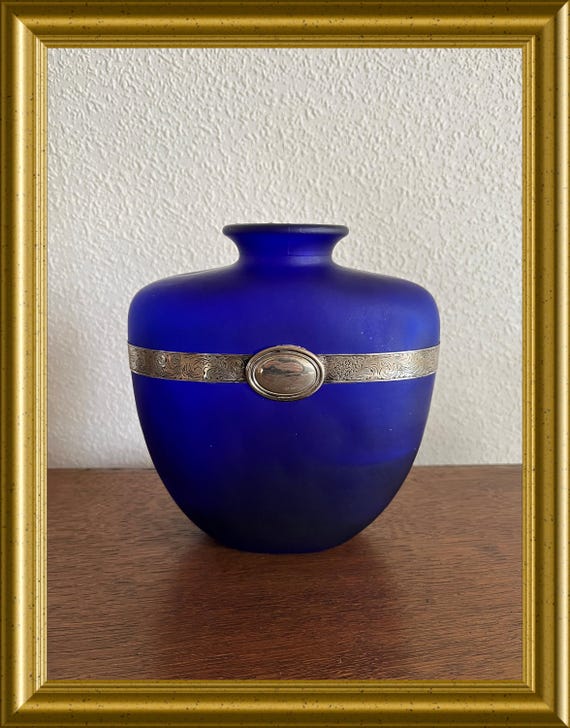 Vintage cobalt blue glass vase with Italian silver band