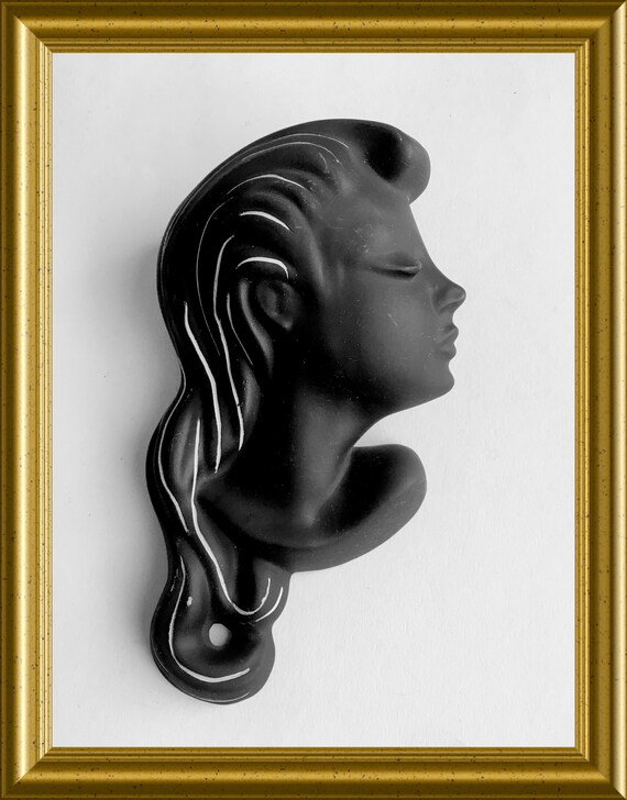 Vintage black ceramic wall plaque: girl portrait wall mask
