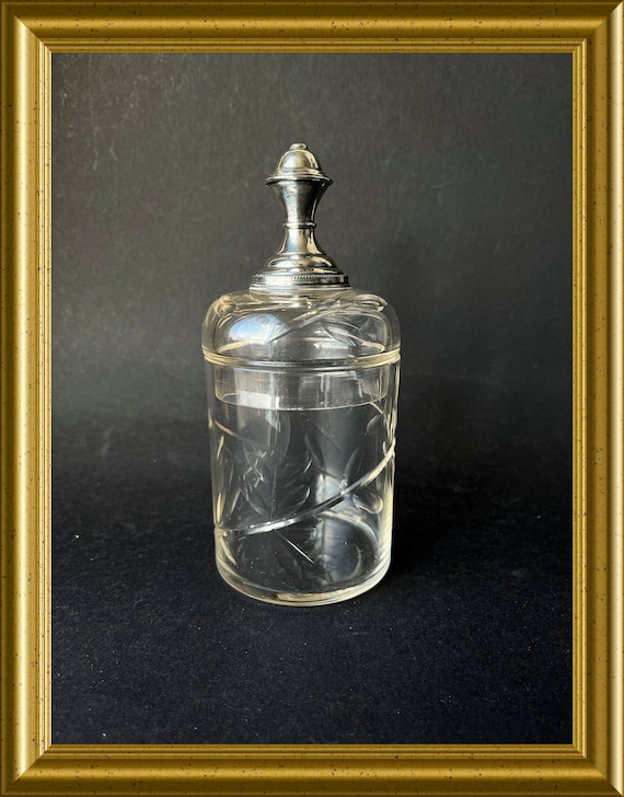 Antique cut glass small, lidded jar with silver knob