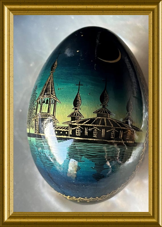 Vintage hand painted black laquer wooden egg