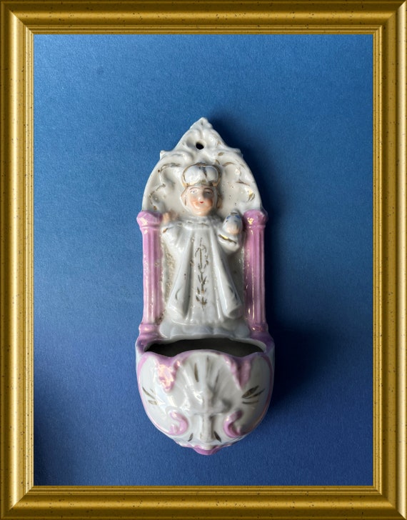 Antique porcelain holy water font: enfant Jesus of Prague