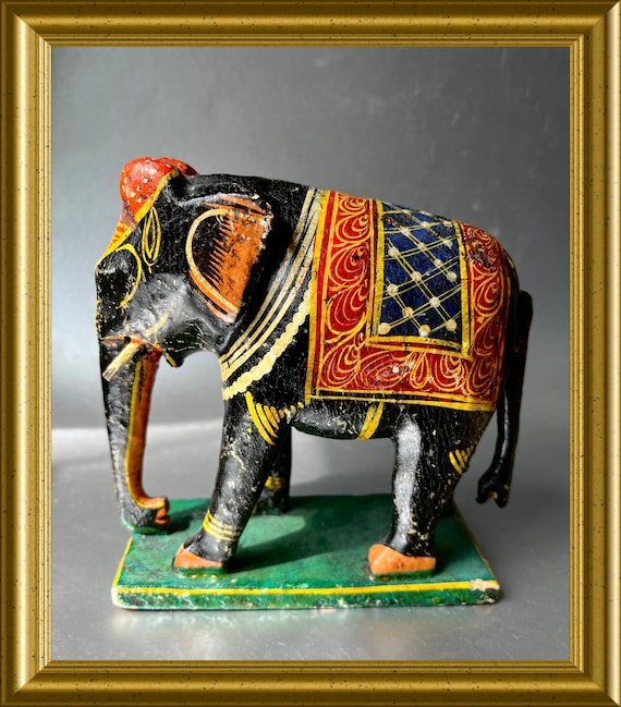 Vintage Asian hand painted wooden elephant