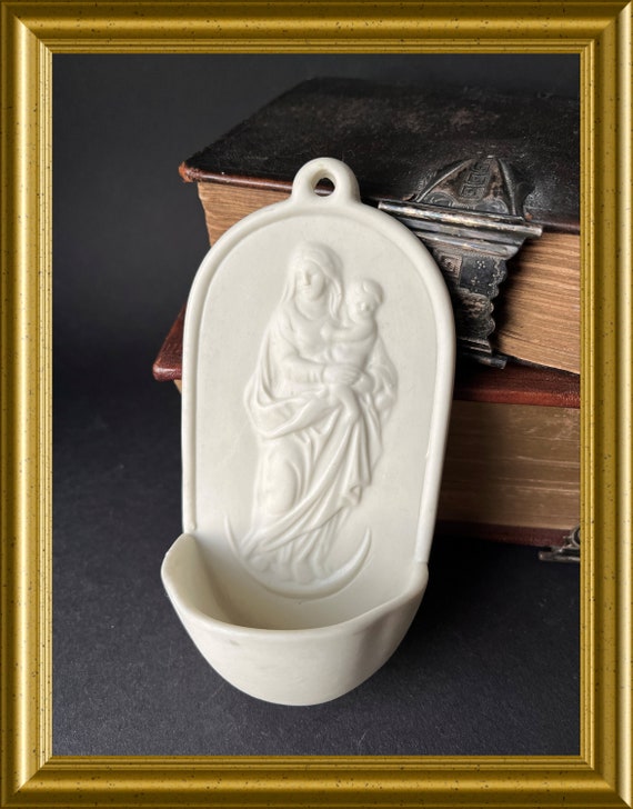 Antique white bisque porcelain holy water font: Mary with child, moon