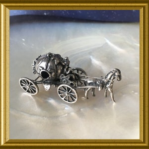 Miniature silver carriage, horse and wagon, Cinderella, pumpkin