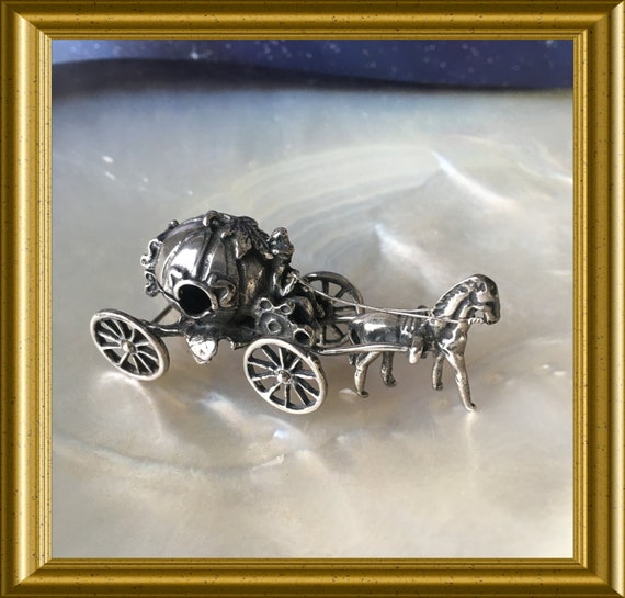 Miniature silver carriage, horse and wagon, Cinderella, pumpkin