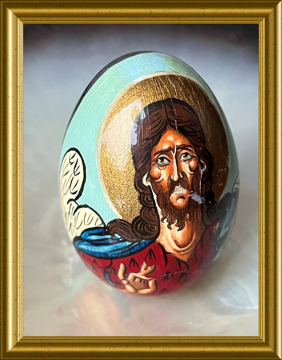 Vintage hand painted wooden egg : icon Jesus
