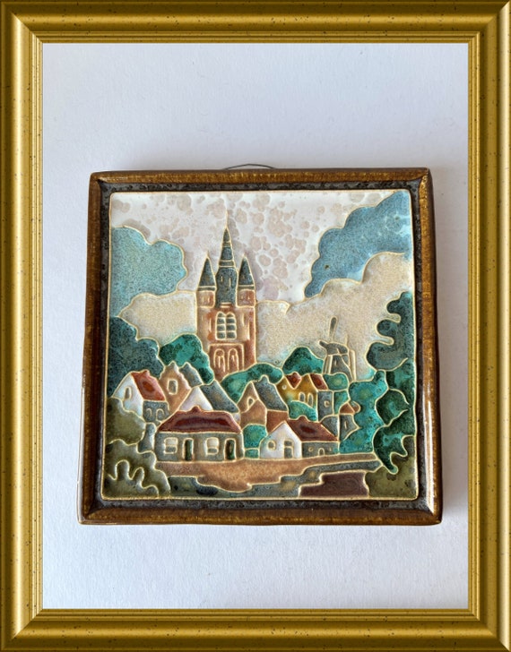 Vintage Porceleyne Fles Delft cloisonne tile : Delft with church and windmill