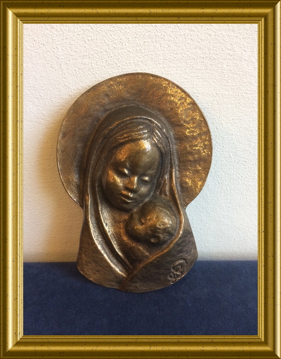 Vintage bronze wall plaque: mother and child, Mary and child, lady of tenderness