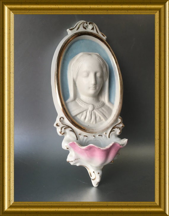 Large antique white porcelain holy water font: Virgin Mary, shape portrait cameo, medallion