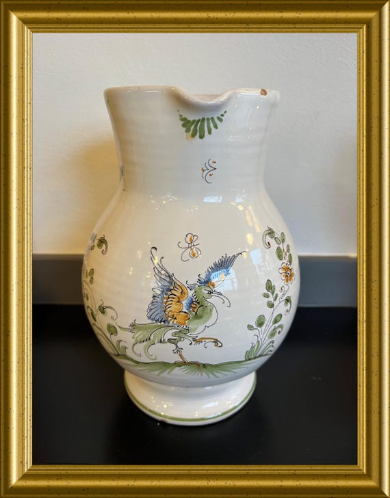 Vintage French hand painted ceramic jug: moustiers