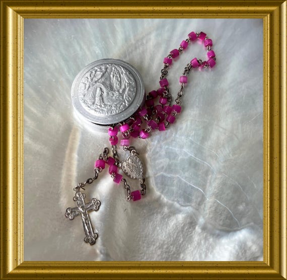 Vintage tiny rosary box with small rosary, Lourdes