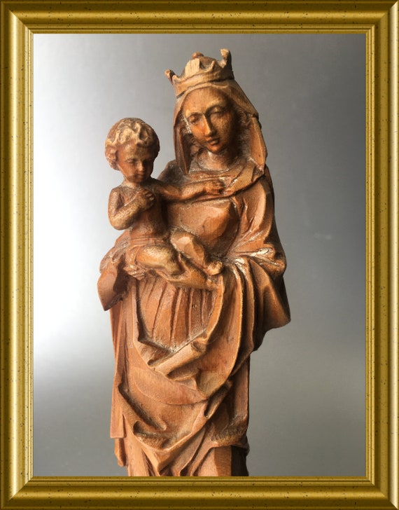 Vintage wooden Mary figurine: Anri, mother and child, madonna and child