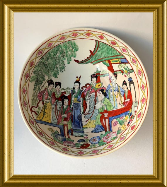Large oriental porcelain bowl, geisha decoration