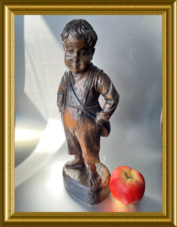 Vintage Spanish woodcarving: wooden figurine, boy with bag, Ouro Spain