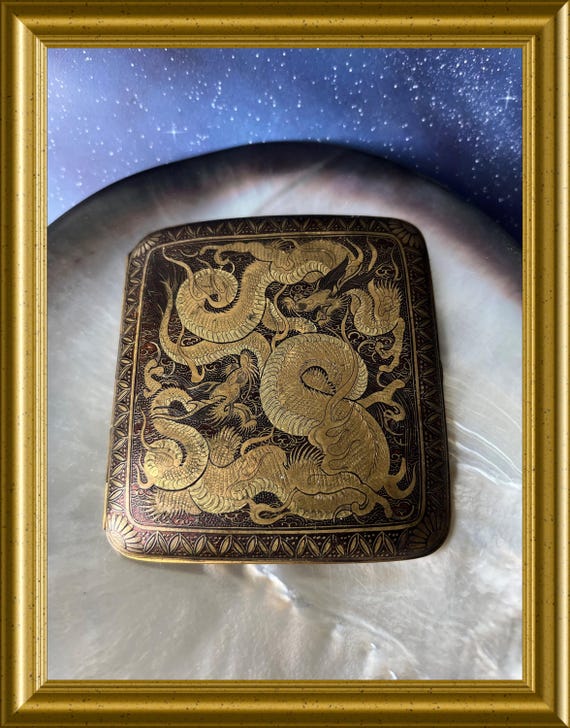 Vintage Japanese damascene cigarette case, dragon