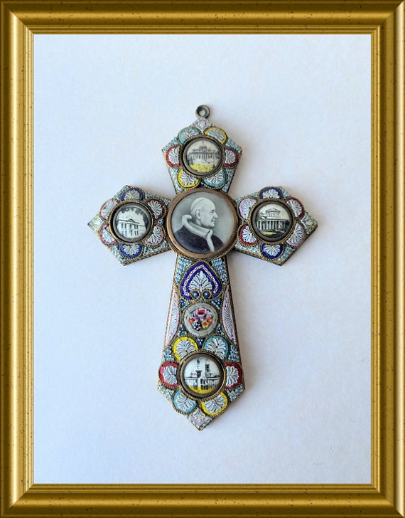 Vintage large Italian cross pendant: mosaic glass, pope