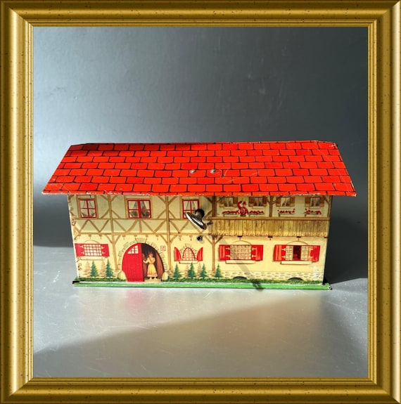 Figural house Belgium DBF money bank tin box with key