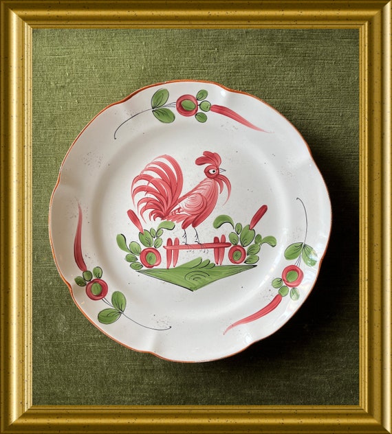 Vintage French hand painted ceramic plate: rooster, Hadancourt, HFA