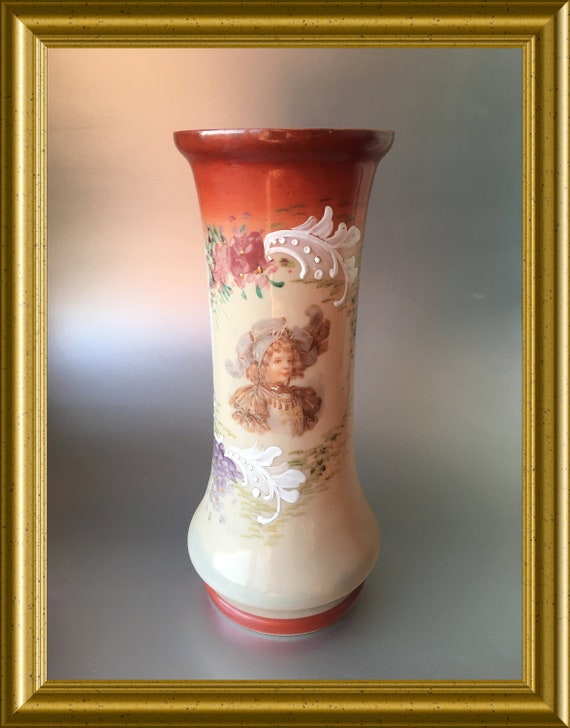 Antique opaline glass vase: portrait woman with hat