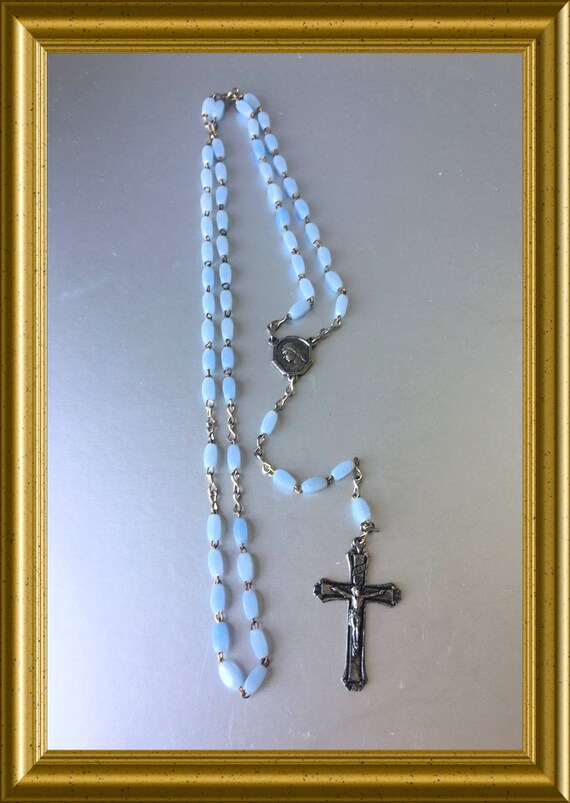 Vintage light blue glass rosary: Lourdes