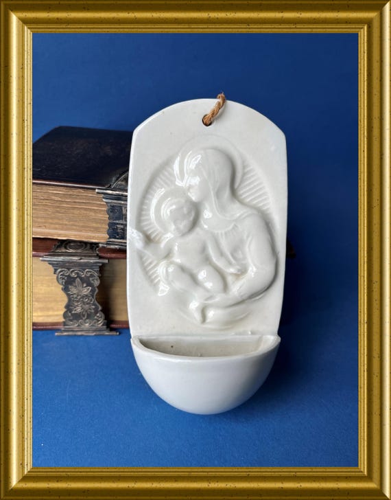 Antique white porcelain holy water font: Mary with child