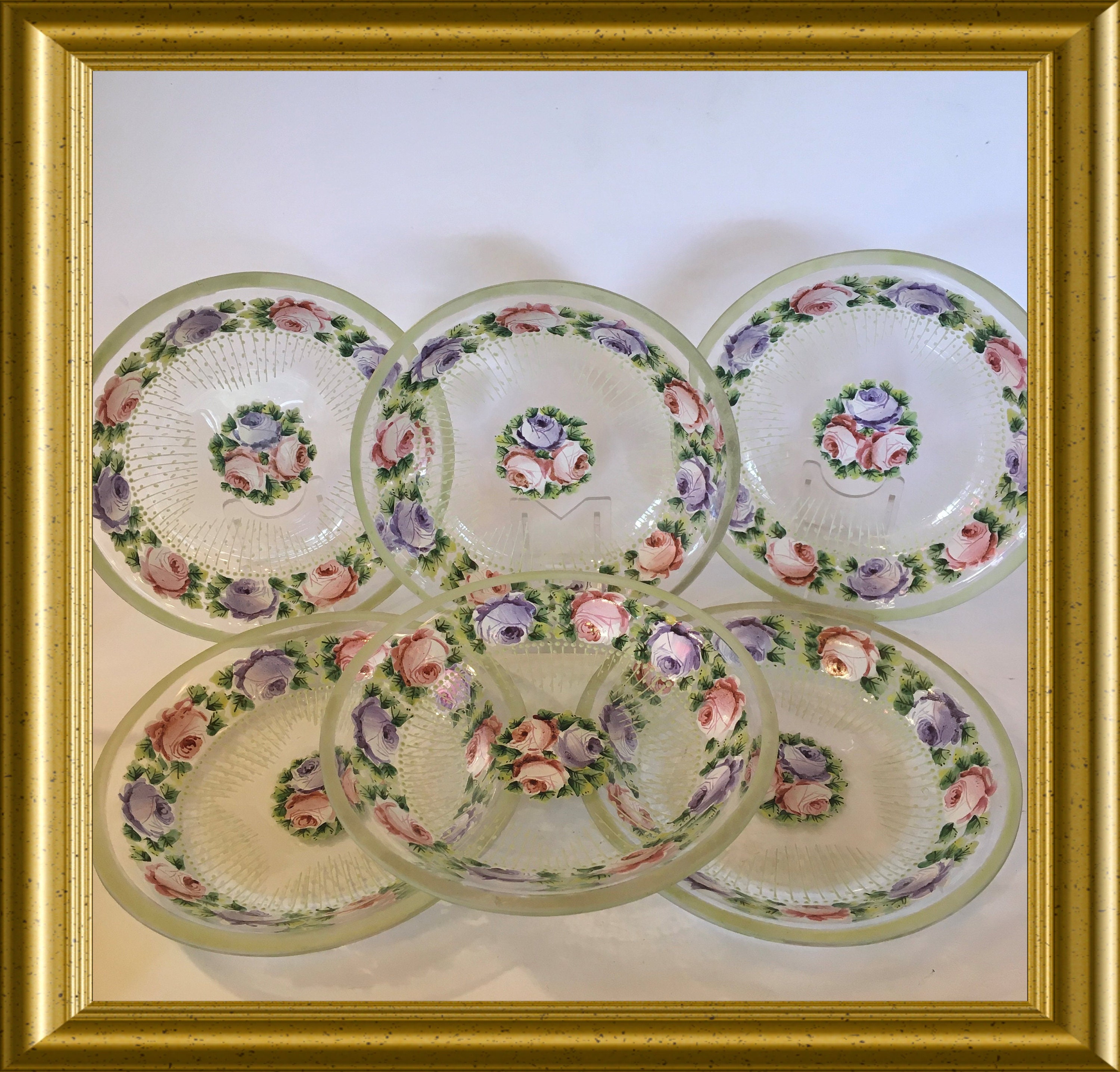 Set of six antique glass dishes with enamel painted flowers