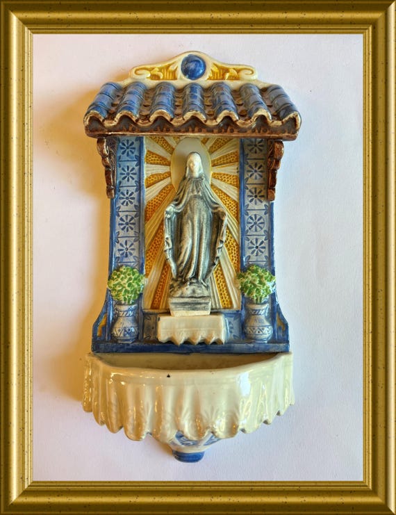 Vintage large majolica ceramic holy water font: Mary