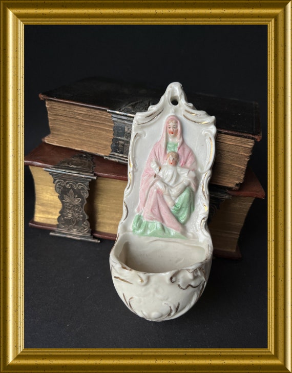 Antique bisque porcelain holy water font: Mary with child