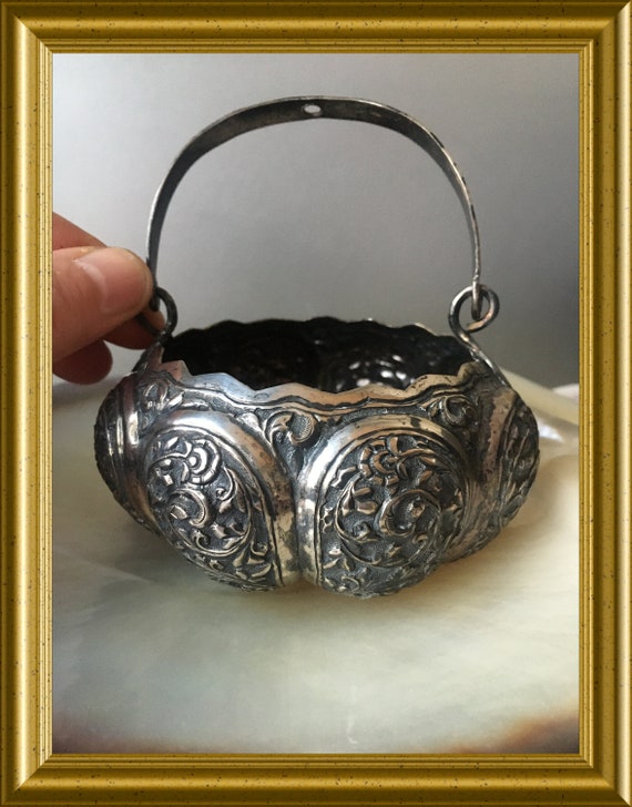 Small repousse silver hanging basket/ bowl, Indian silver, Burmese silver