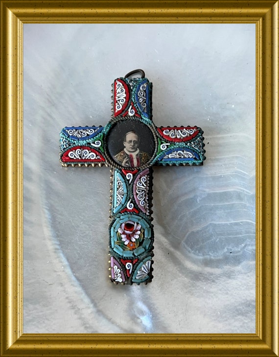 Vintage cross pendant: mosaic glass, pope Pius XI