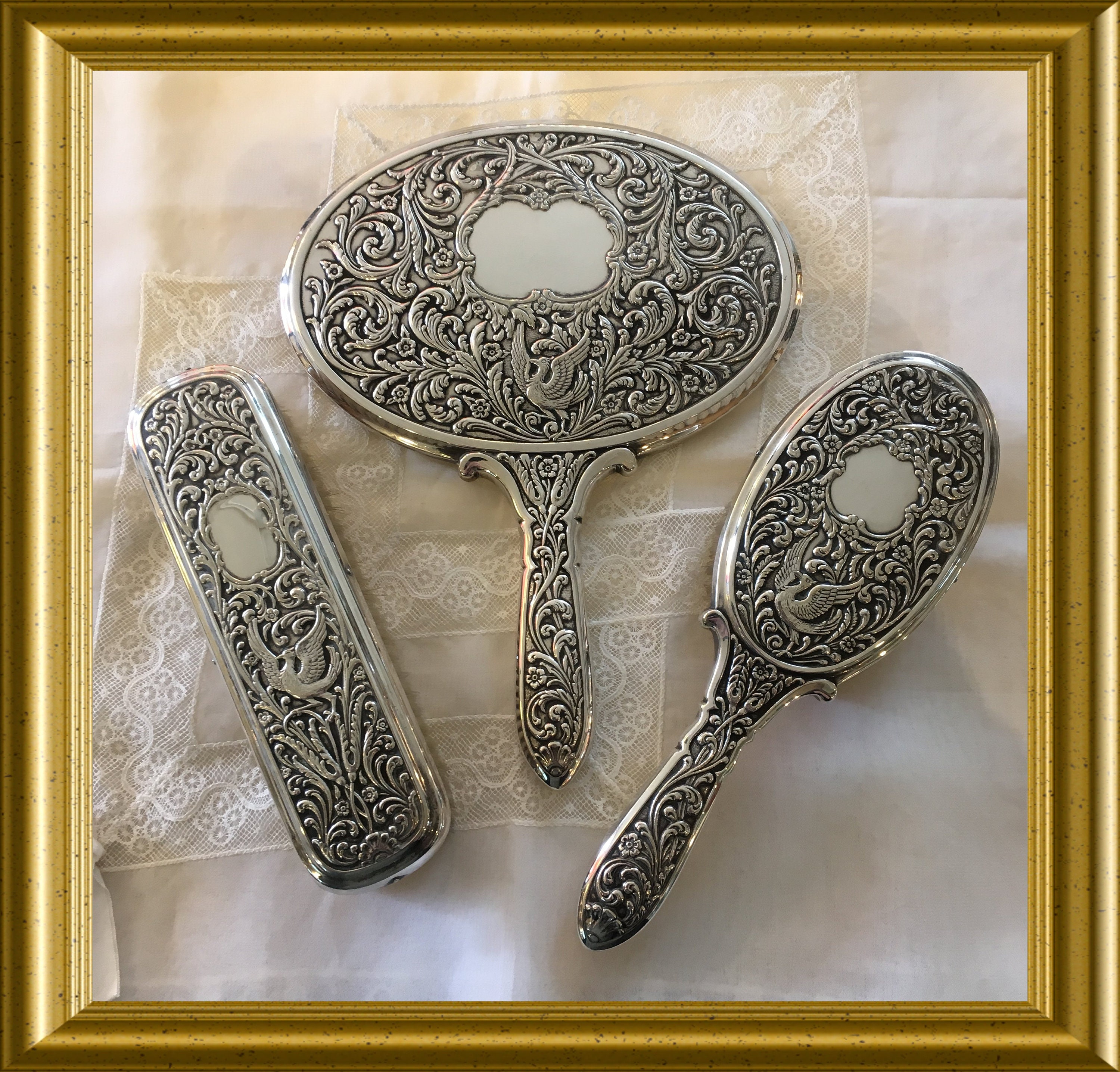 Vintage Silver plate Brush and Comb Set E Gero 75 Vintage Vanity Set GERO Silver-plated 75 made in Netherlands  main image 4