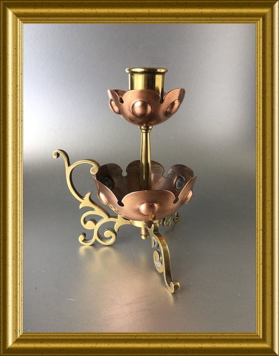 Gorgeous antique copper and brass candle holder, chamberstick