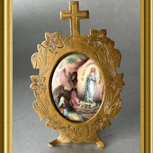 Antique religious frame : Holy Mary on porcelain, Lourdes