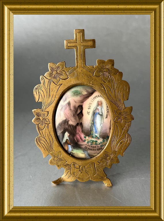 Antique religious frame : Holy Mary on porcelain, Lourdes