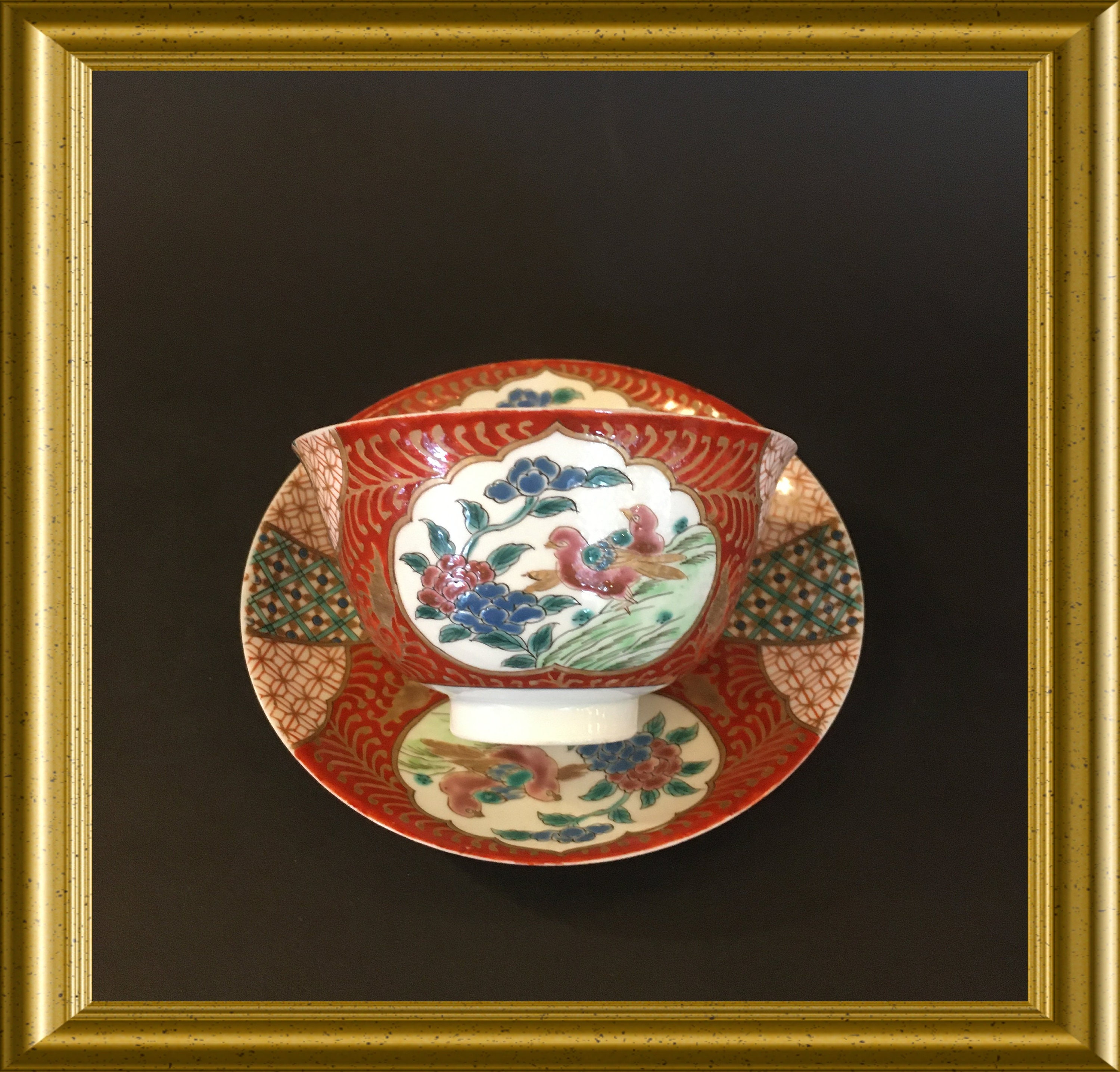 Antique Japanese eggshell porcelain cup and saucer Zoshuntei Sanpo Zu