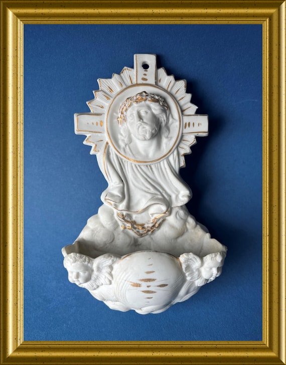 Antique bisque porcelain holy water font: Jesus Christ, cross, angels