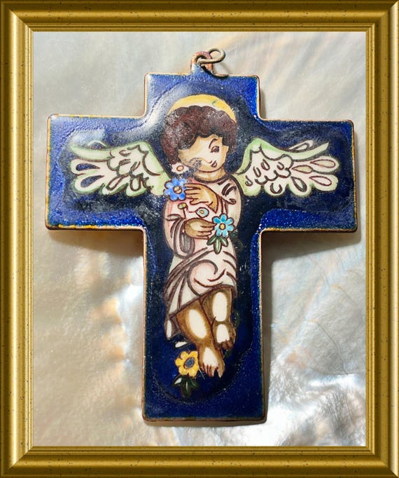 Vintage enamel cross : angel