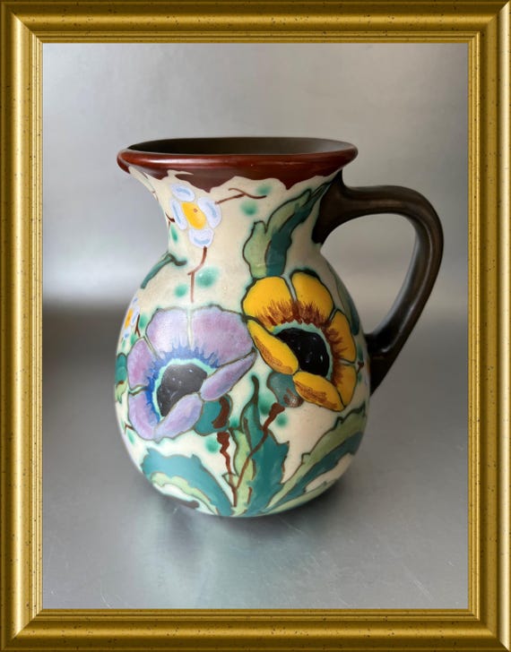Vintage hand painted art pottery jug: Regina Gouda art pottery