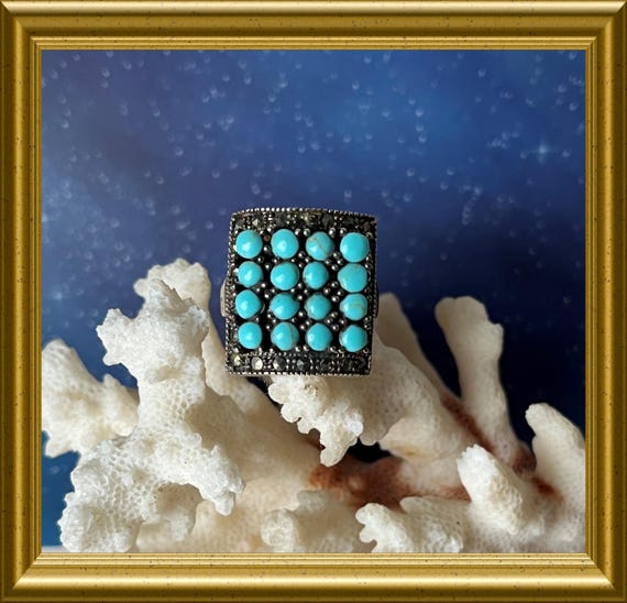 Vintage square silver ring with turquoise blue stones and marcasite