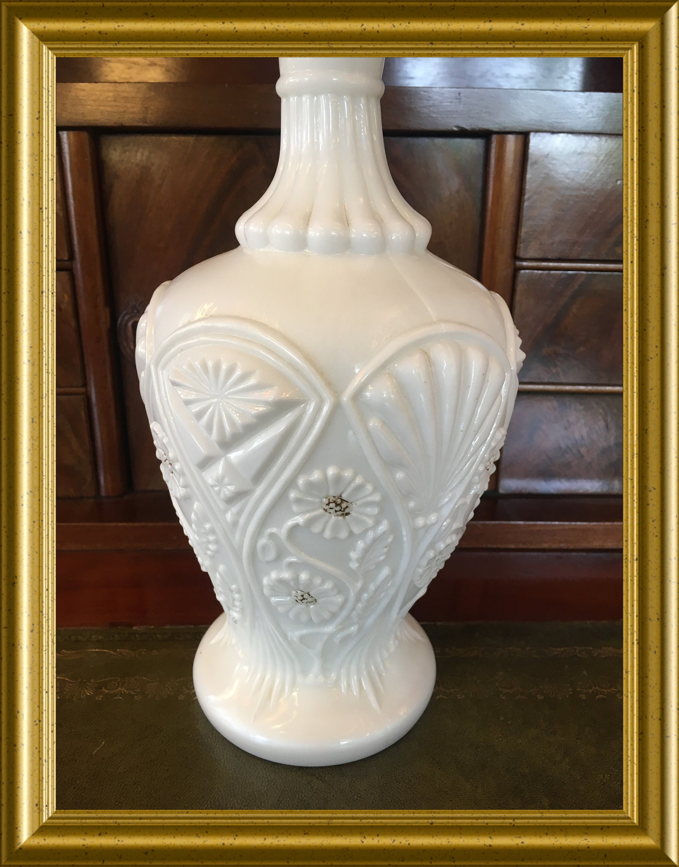 Antique white milk glass vase, pressed glass