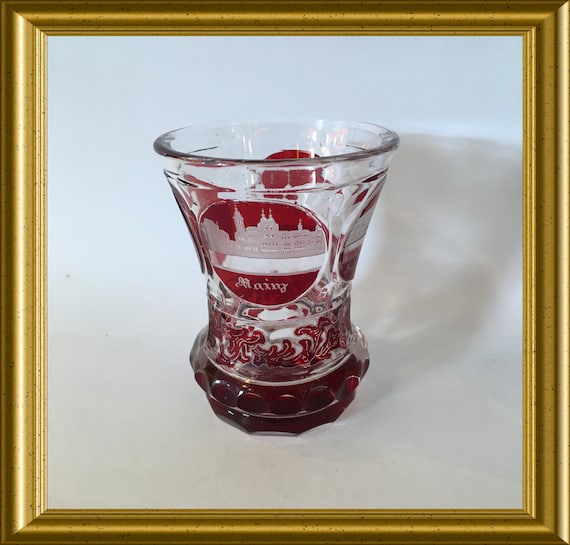 Antique bohemian engraved souvenir ruby glass beaker