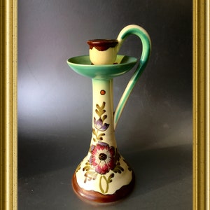 Beautiful hand painted art pottery candlestick, PZH Gouda, 1954