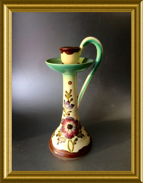 Beautiful hand painted art pottery candlestick, PZH Gouda, 1954