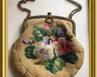 RESERVED FOR GLORIA: Antique embroidered purse, handbag, flowers