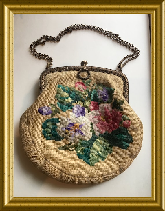 Antique gobelin purse, handbag, flowers